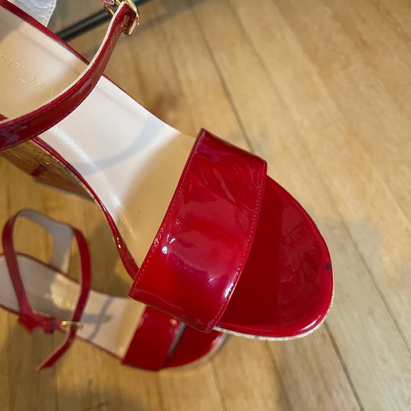 Stuart Weitzman Red Flame Painted Patent Cork Wedge Heel - Picture 14 of 17